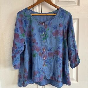 Cut Loose Brush Stroke 3/4 Split Back Top Floral Linen Pullover Relaxed Size M